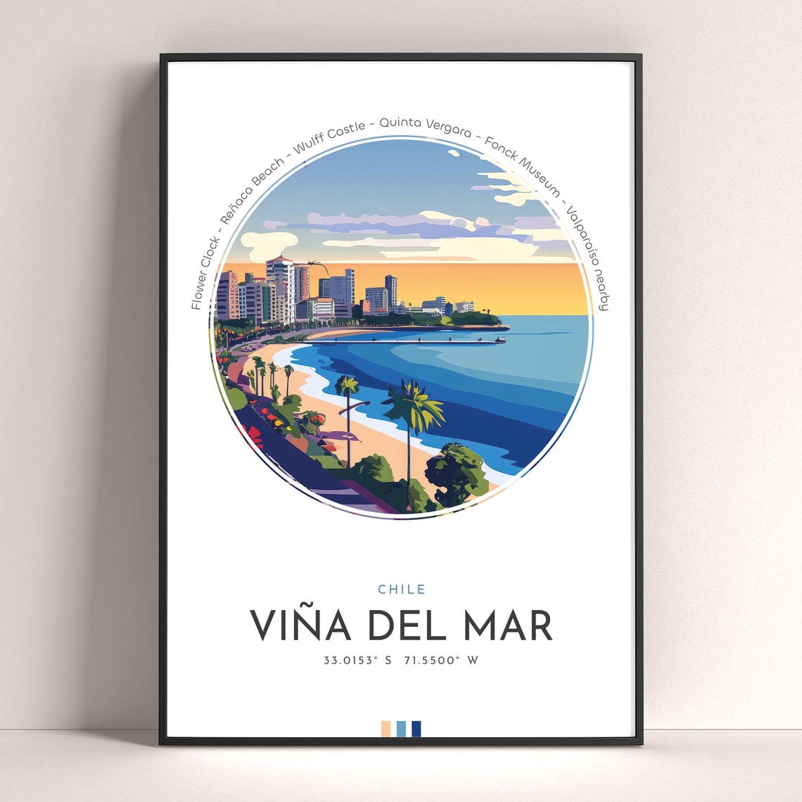 Vina Del Mar Chile Beach Sunset Palm Shore View Travel Poster