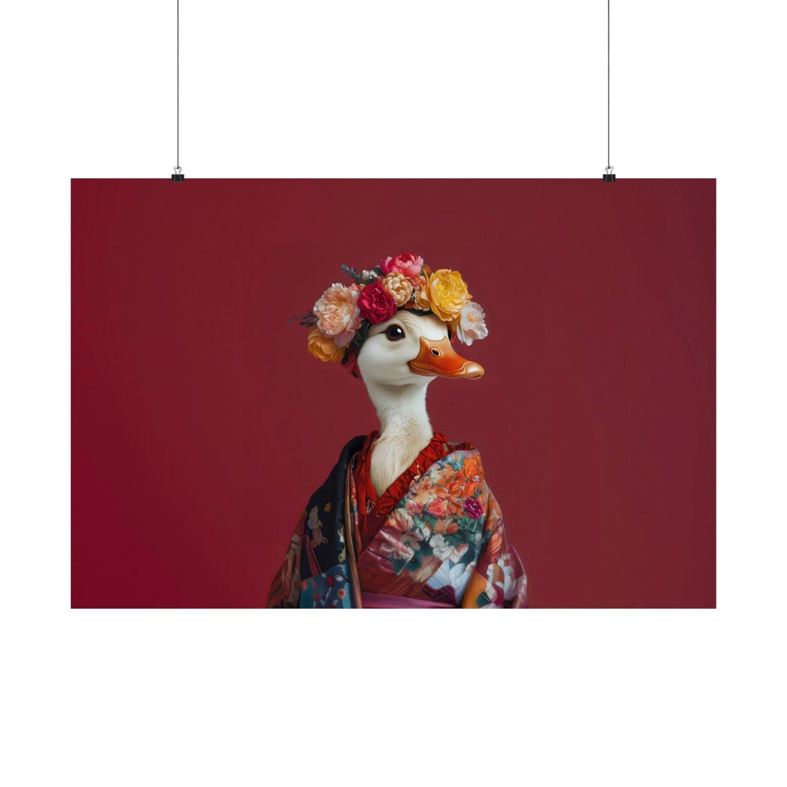 Posing Duck Floral Kimono Flower Crown Red Wildlife Wall Art - Image 3