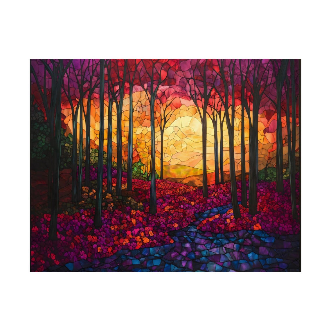 Vivid Stained Glass Autumn Forest At Sunset Jewel Tone Art Poster - Image 3