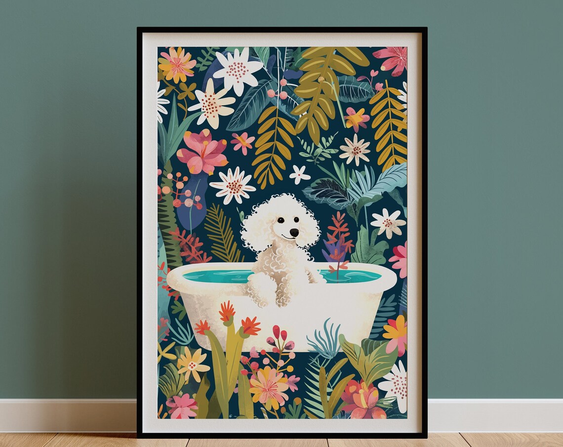 White Poodle Boho Jungle Bathtub Art Print