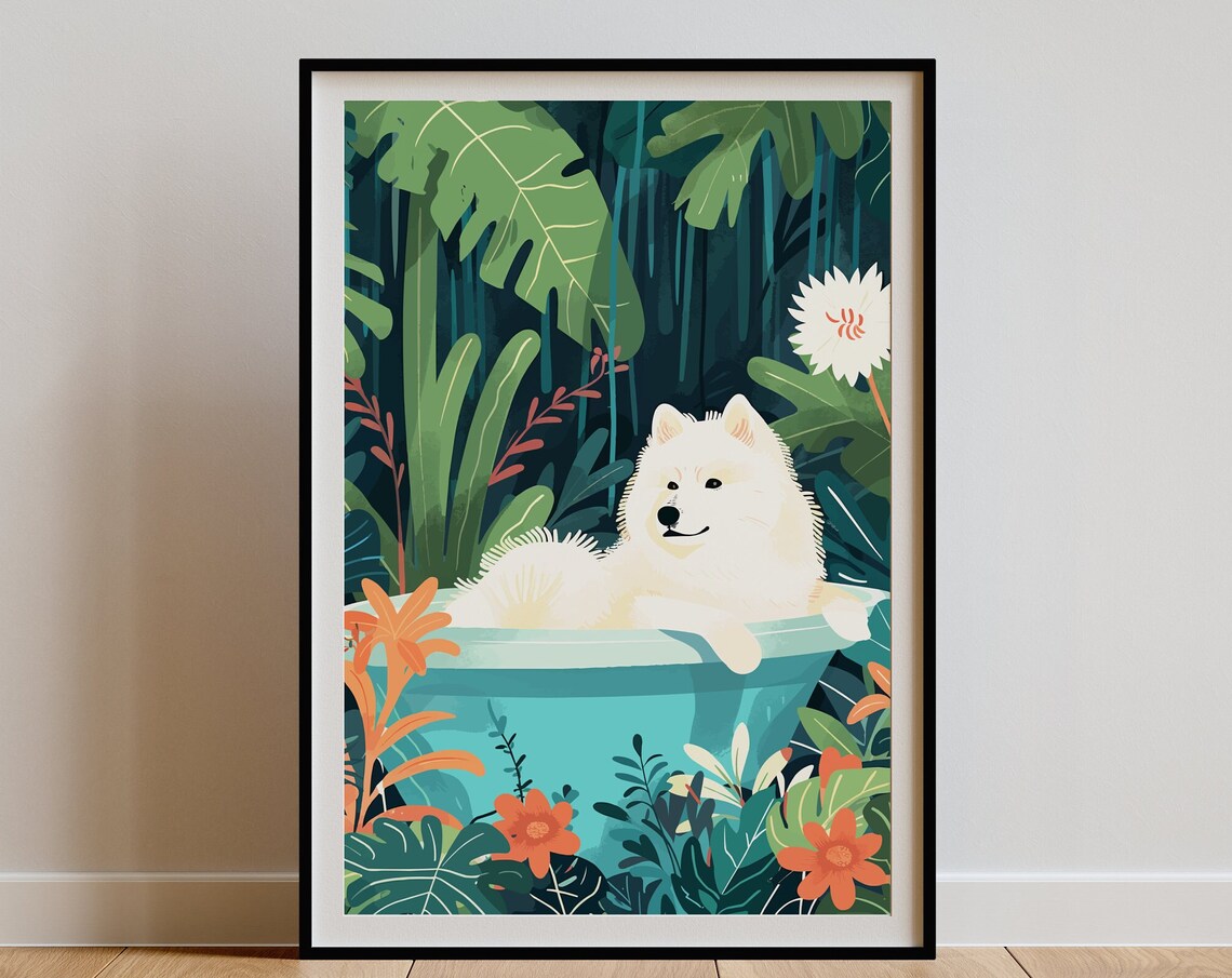 Samoyed Boho Jungle Poster, Eclectic Tropical Decor
