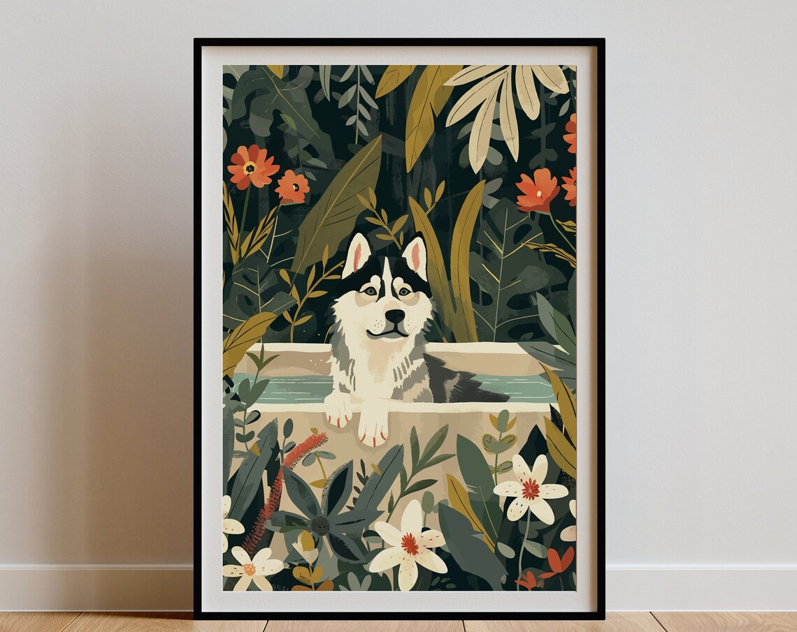 Siberian Husky Floral Bathtub Jungle Botanical Poster Wolf Decor