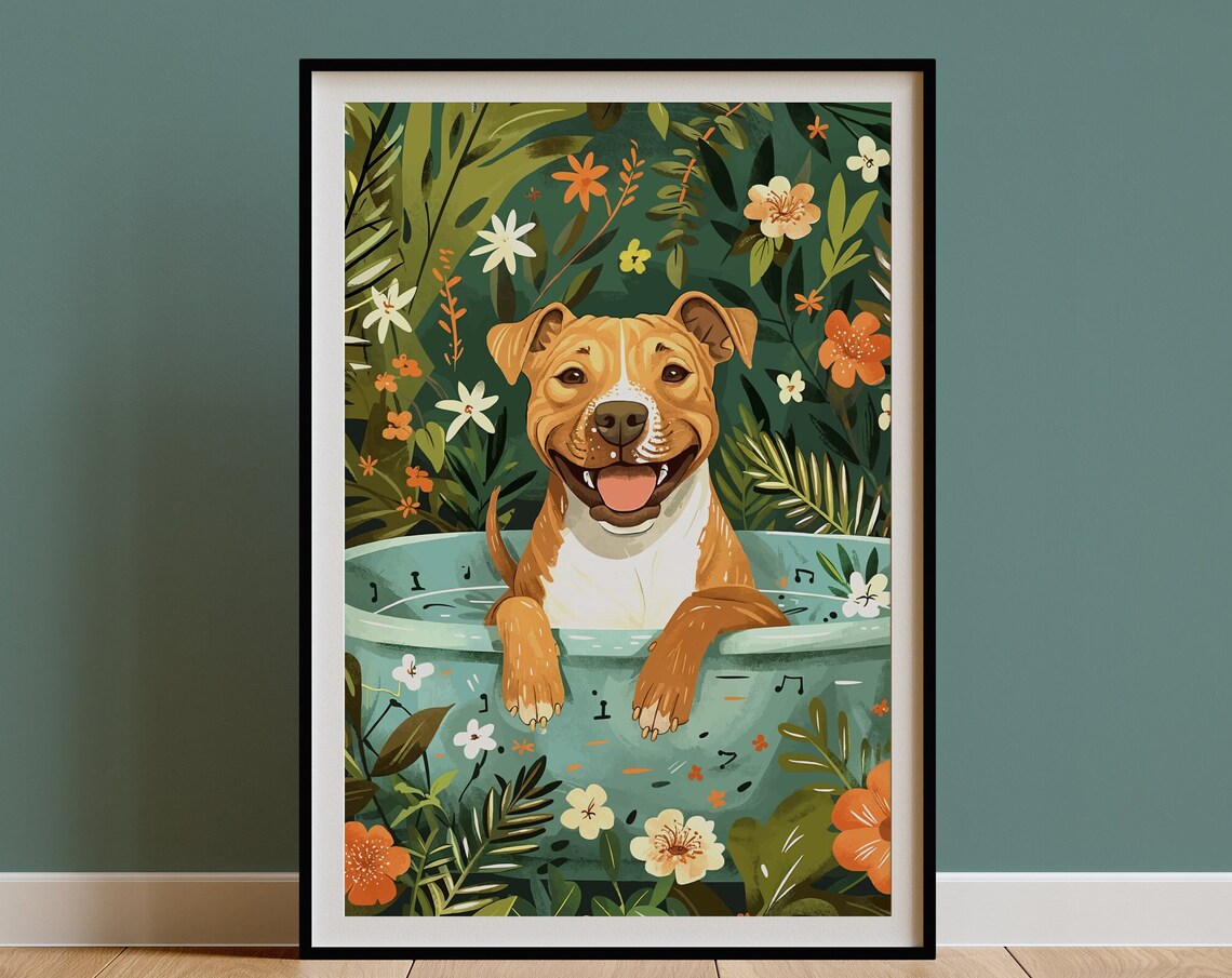 Fawn Staffy Jungle Bathtub Tropical Art Print