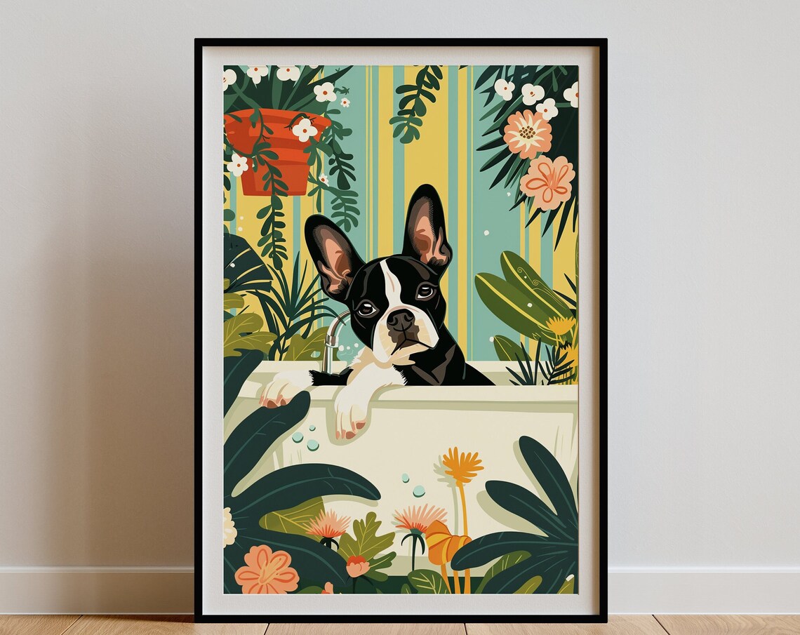 Boston Terrier Jungle Bathtub Botanical Poster