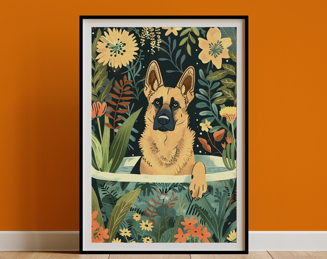 German Shepherd Boho Jungle Bathtub Art Print