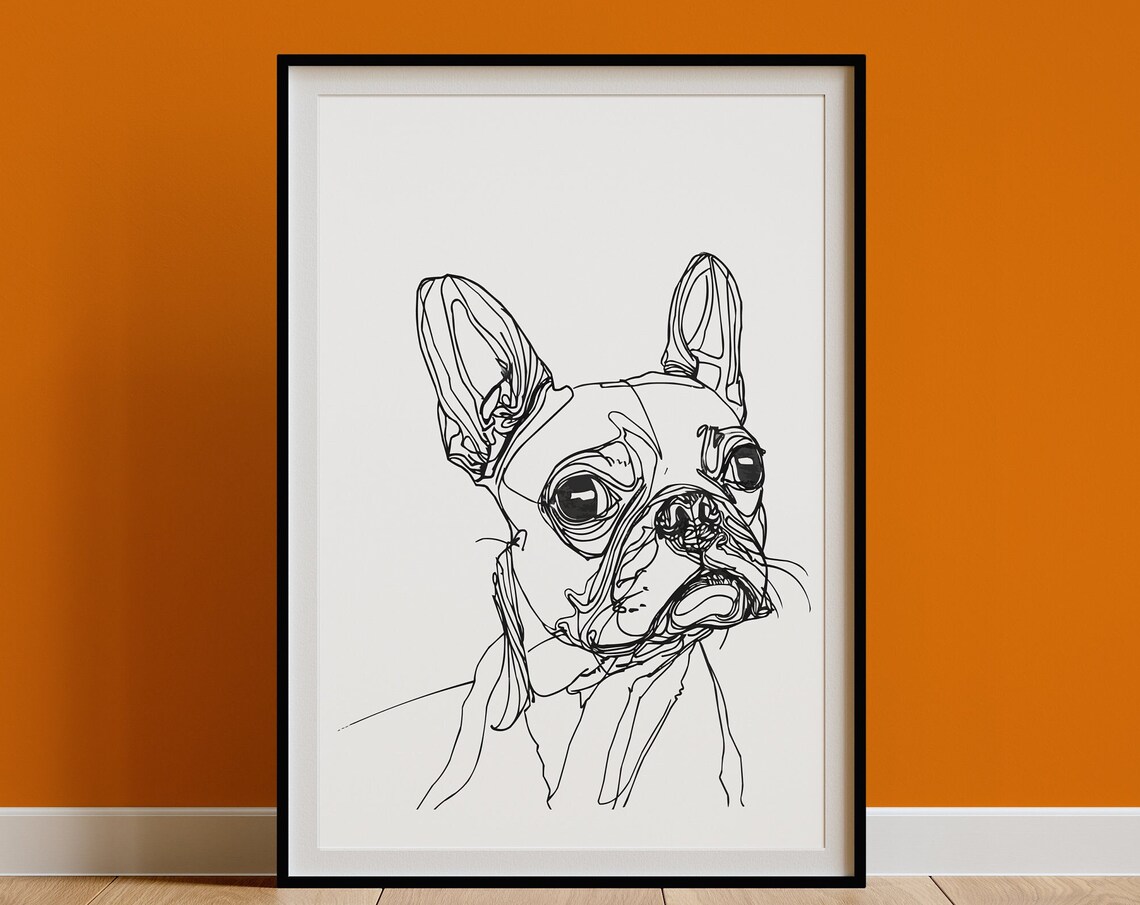 Boston Terrier Head Wide-Eyed Expressive Line Art Portrait Poster