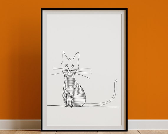 Funny Cat Wall Art Print Mid Century Modern Dcor Kids Room Cat Illustration Minimalist Line Drawing Poster Gift Cat Mom Owner
