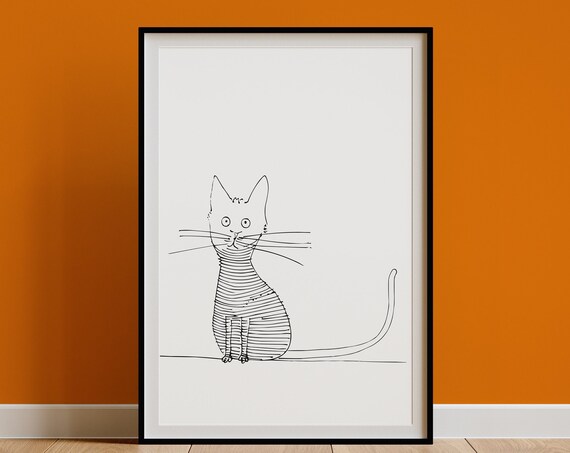 Funny Striped Cat Doodle Long Whiskers Minimal Line Drawing Cat Poster