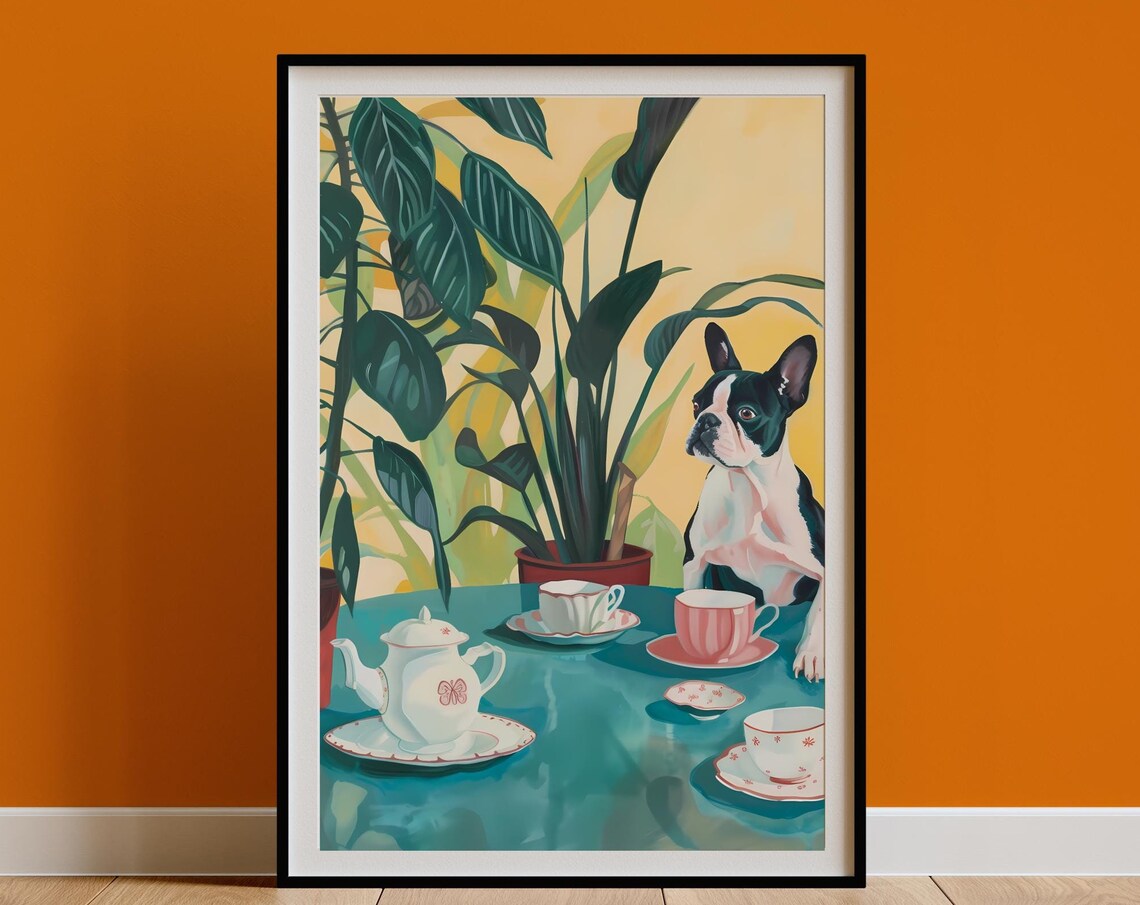 Retro Boston Terrier Coffee Illustration Art Print