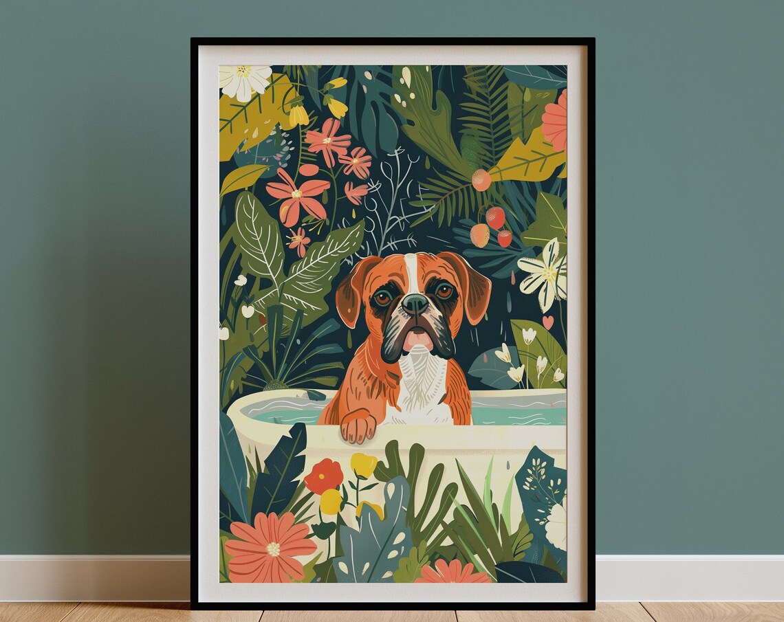 Boxer Dog in Bathtub Tropical Floral Maximalist Whimsical Dog Poster