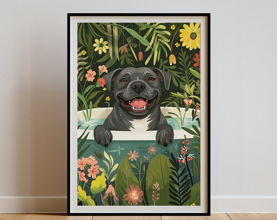 Blue Staffy Jungle Bathtub Tropical Art Print