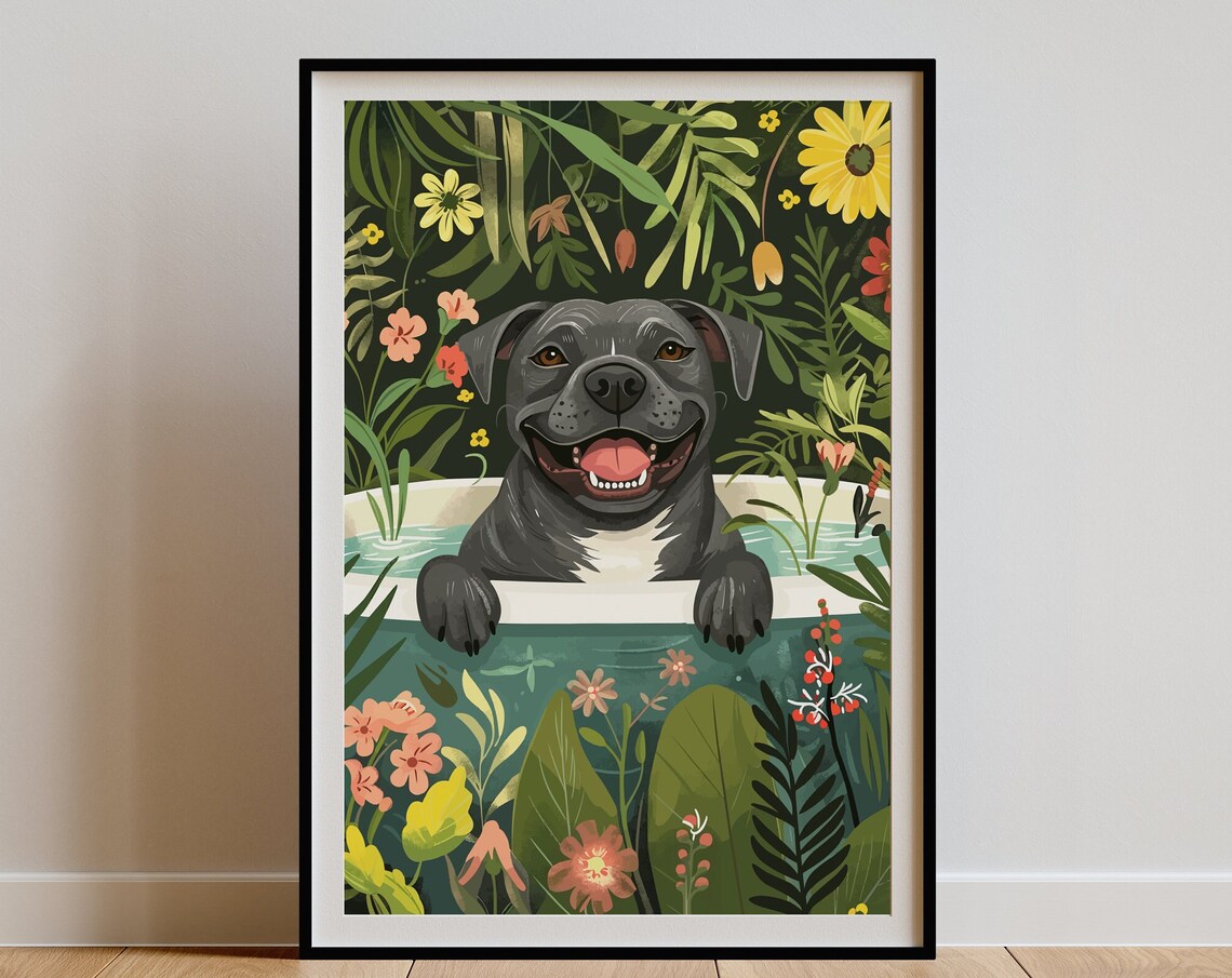 Blue Staffy Jungle Bathtub Tropical Art Print