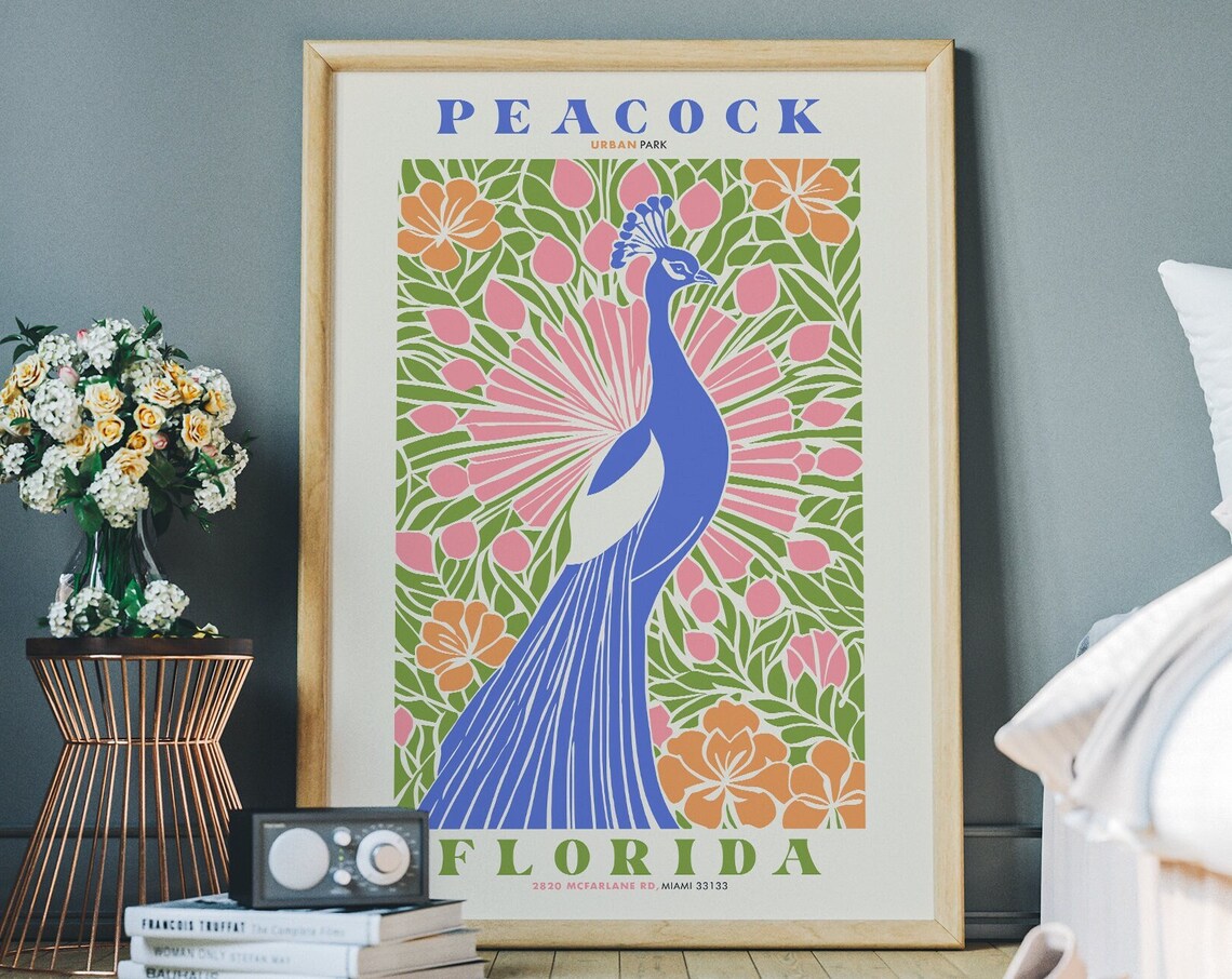 Peacock Urban Park Florida Art Nouveau Colorful Travel Poster
