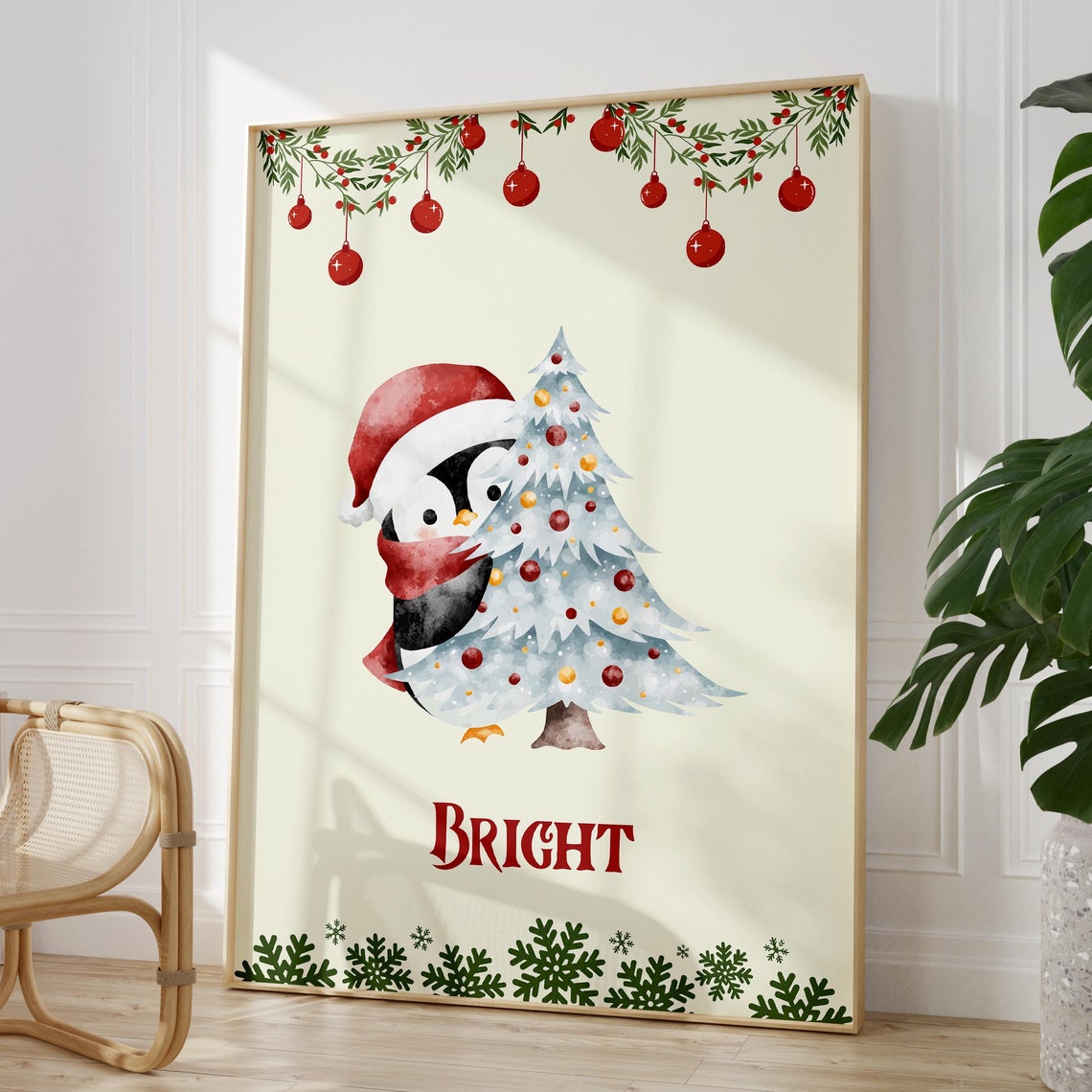 Bright Penguin Hugging Christmas Tree Watercolor Holiday Poster