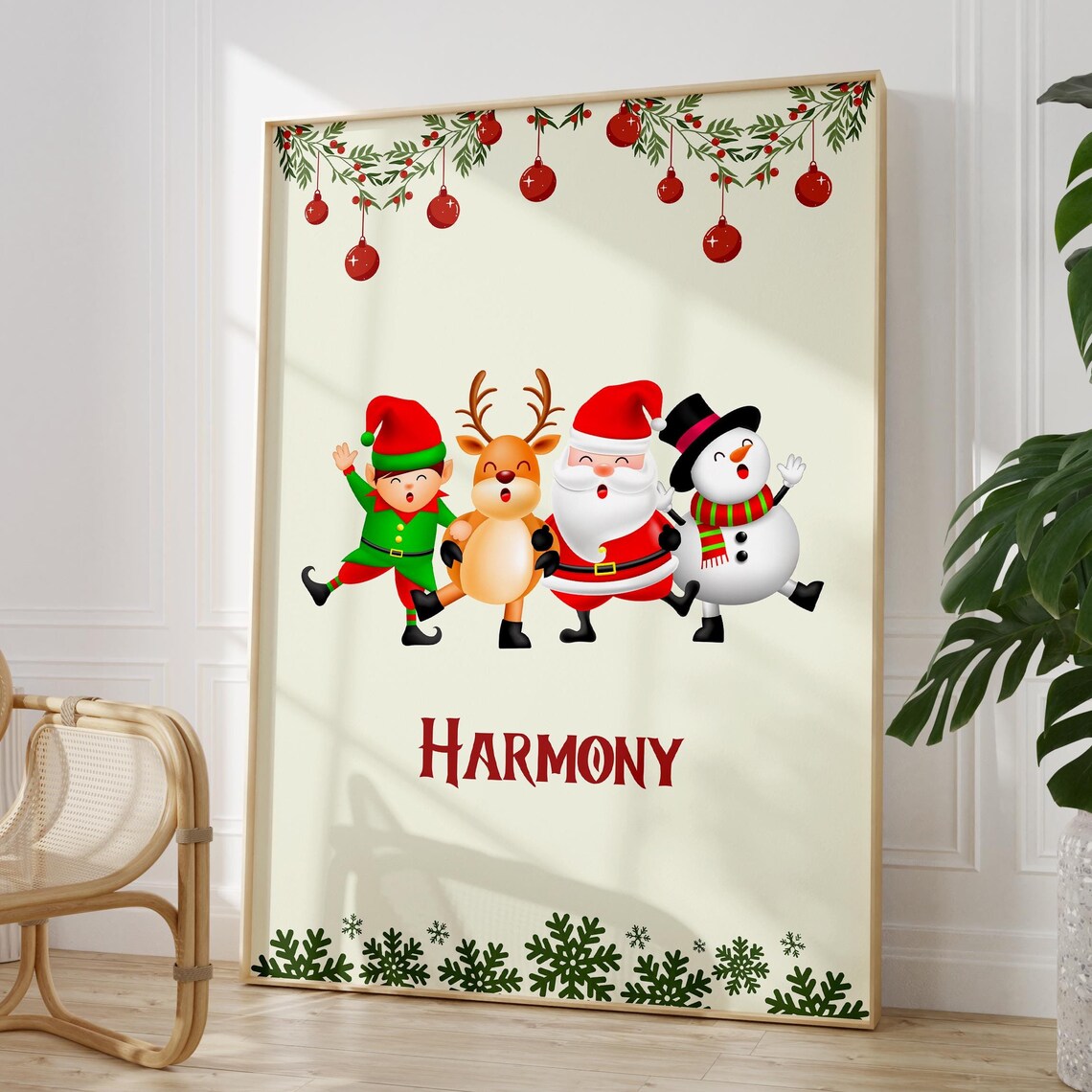 Christmas Harmony Elf Santa Reindeer Snowman Holiday Art Poster
