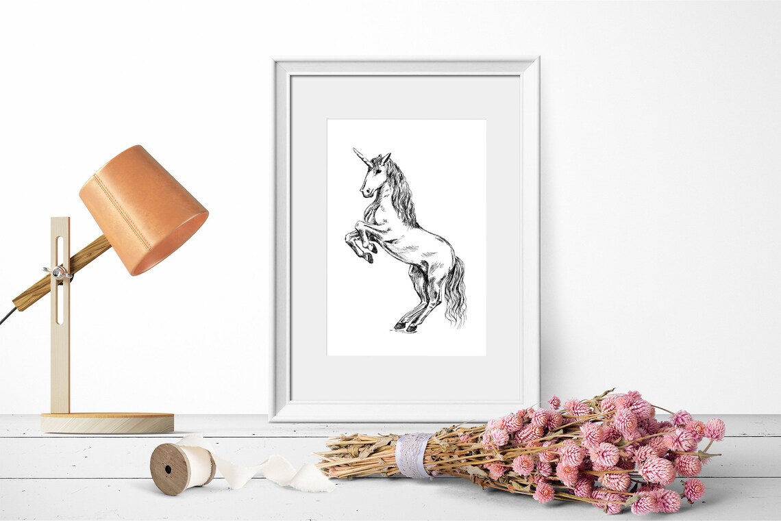 Rearing Unicorn Ink Sketch Magical Horse Kids Room Fantasy Poster