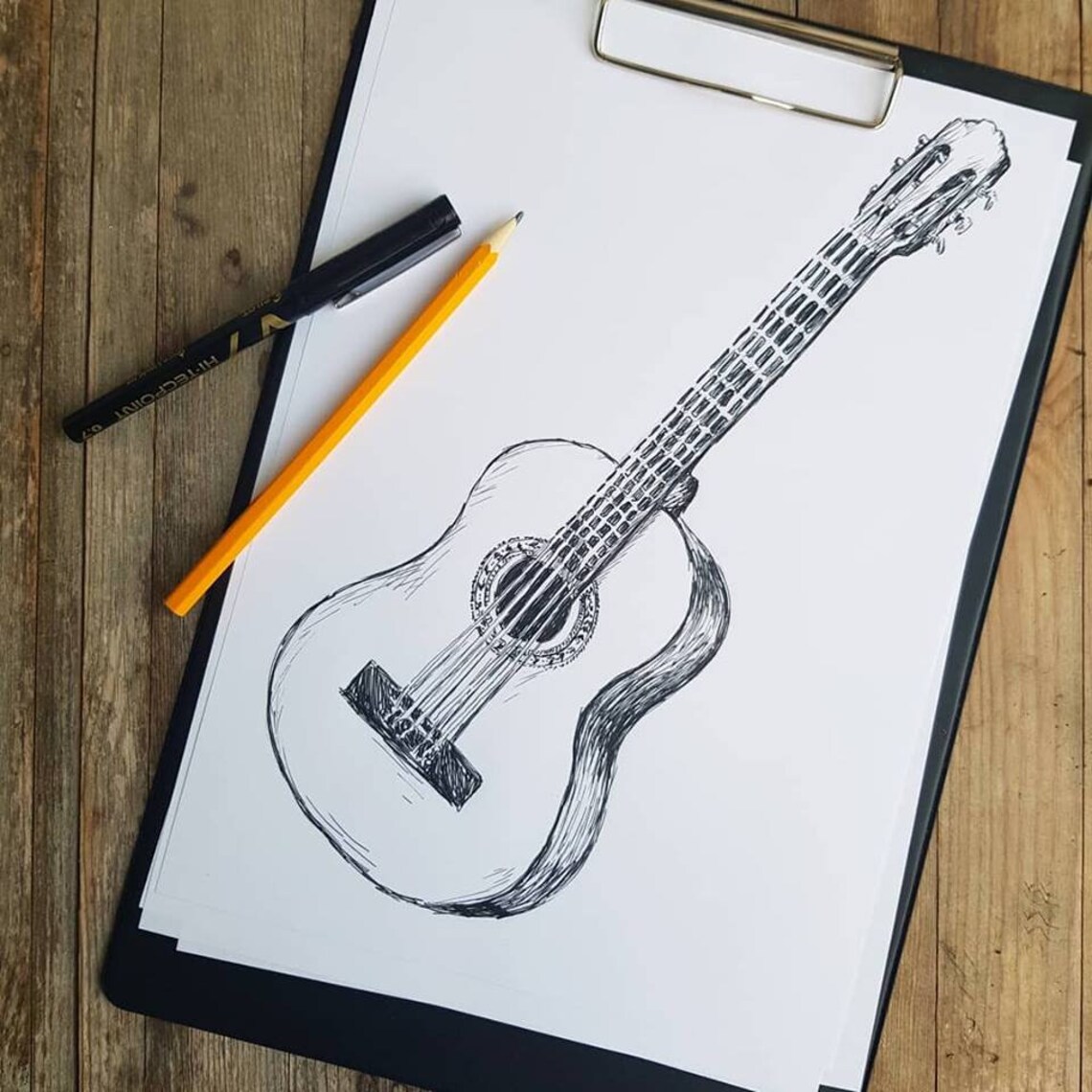 Acoustic Guitar Black And White Sketch Minimal Line Drawing Music Poster - Image 3