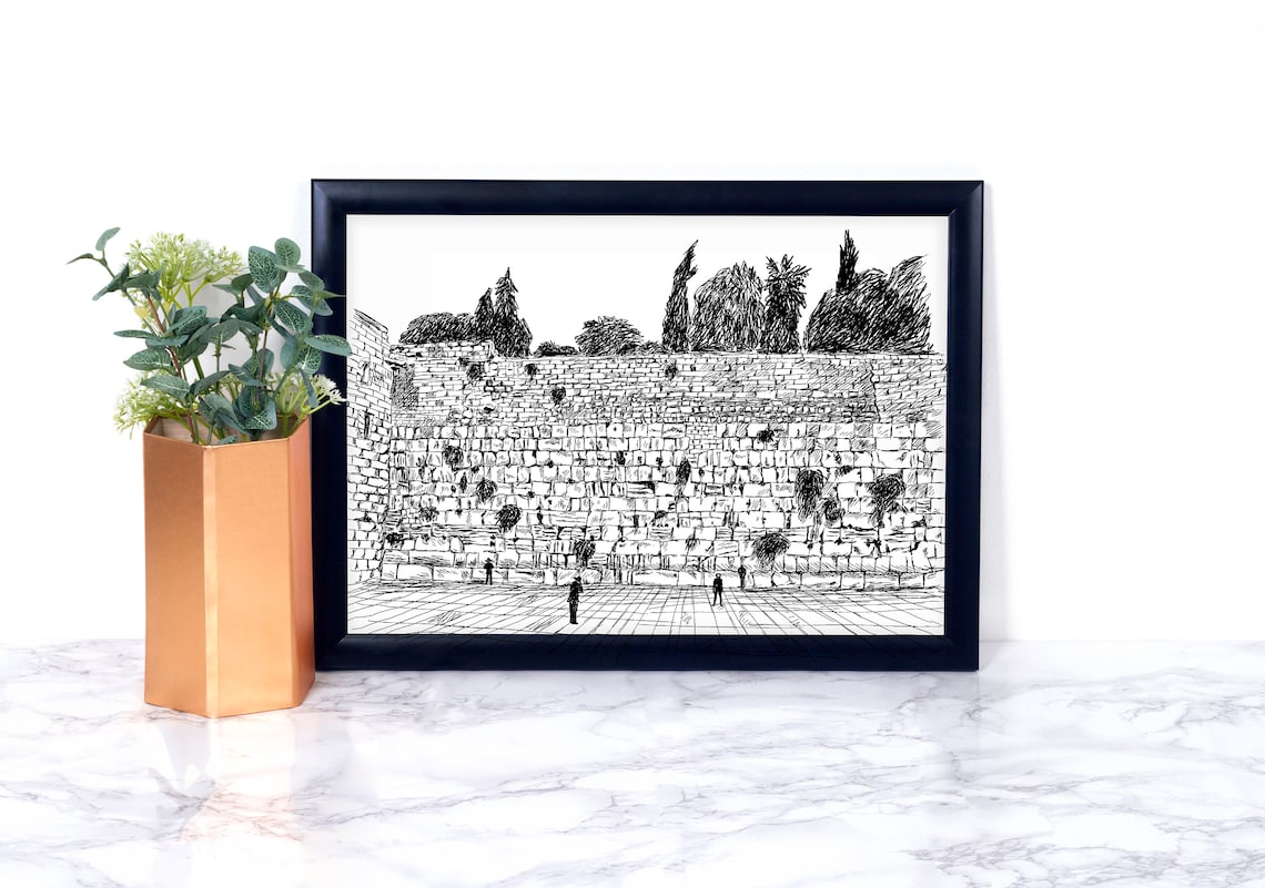 Wailing Wall Judaica Jewish Sketch Art Print