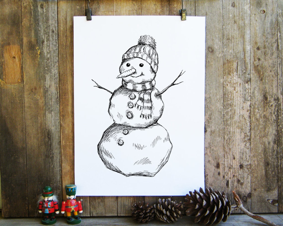 Cute Snowman With Knit Hat And Scarf Christmas Ink Sketch Poster