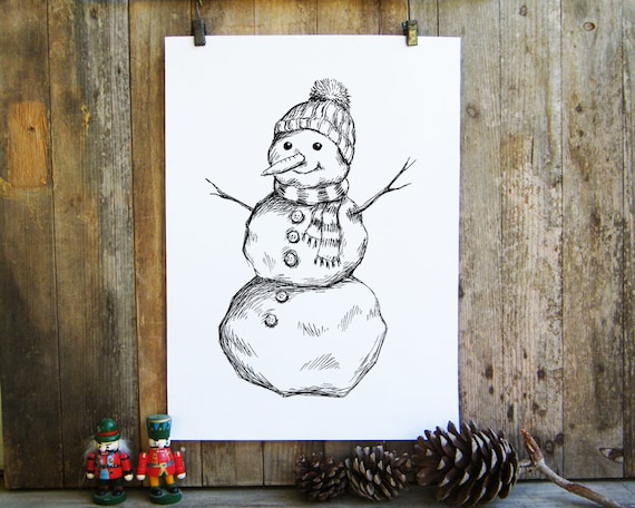 Cute Snowman With Knit Hat And Scarf Christmas Ink Sketch Poster