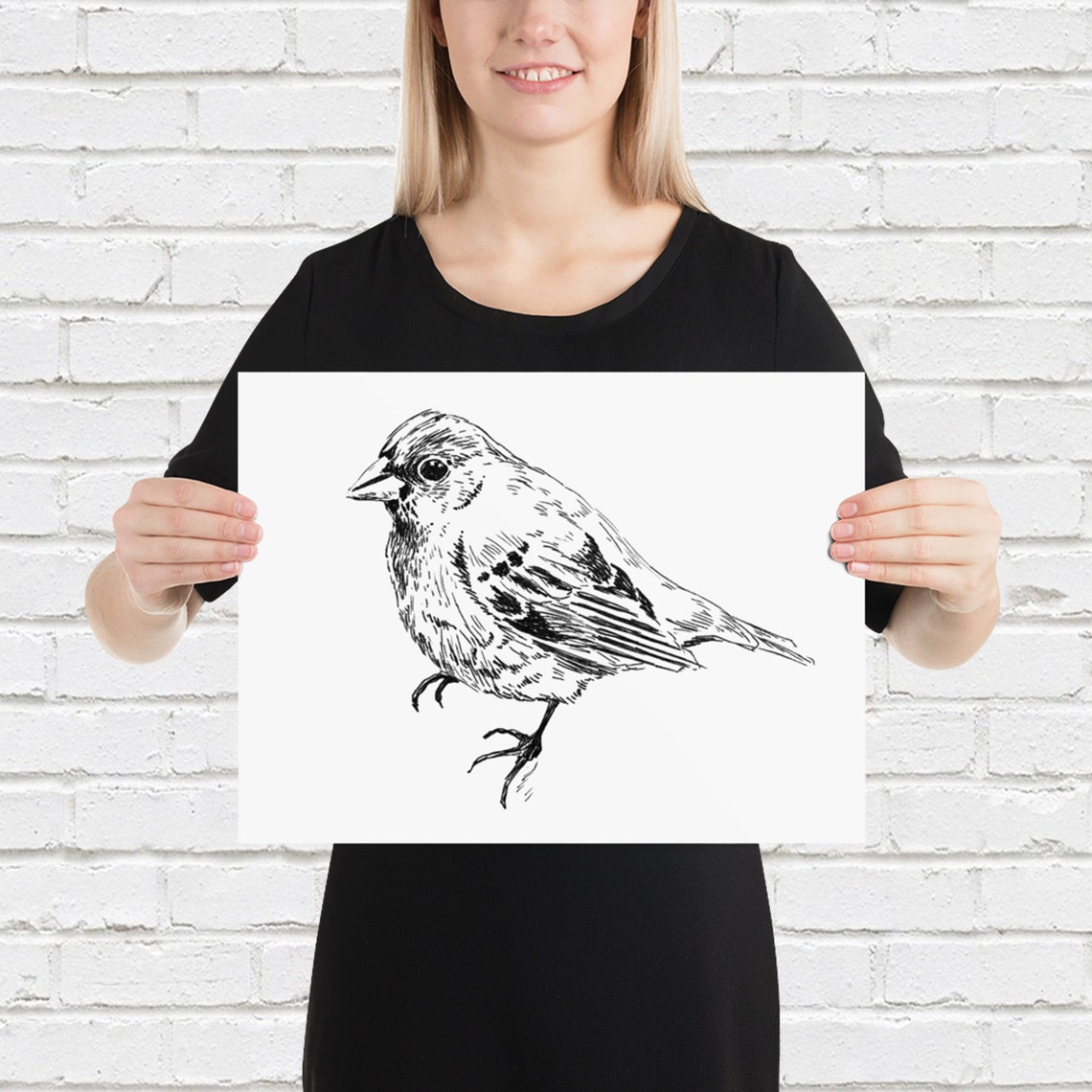 Songbird Ink Sketch Black White Small Bird Portrait Line Print - Image 3
