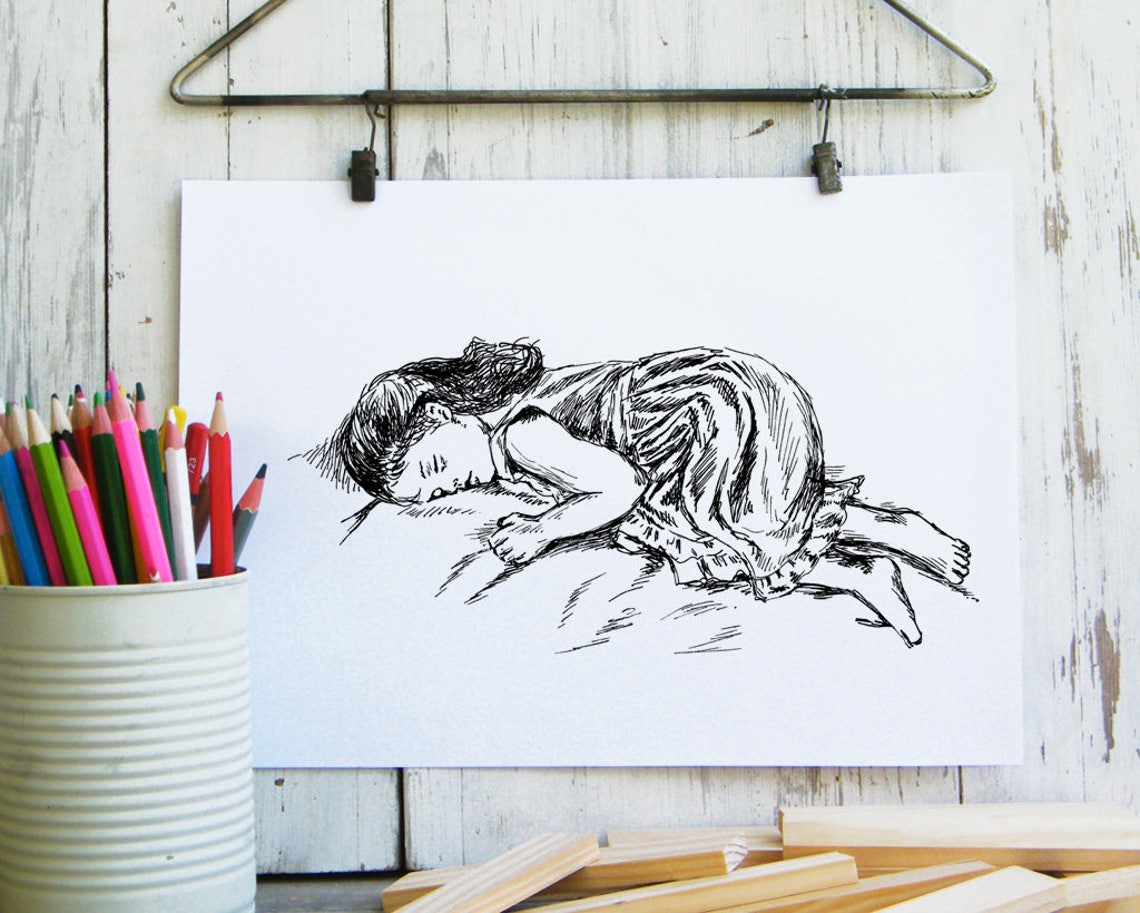 Sleeping Little Girl Black White Sketch Art Print Nursery Decor