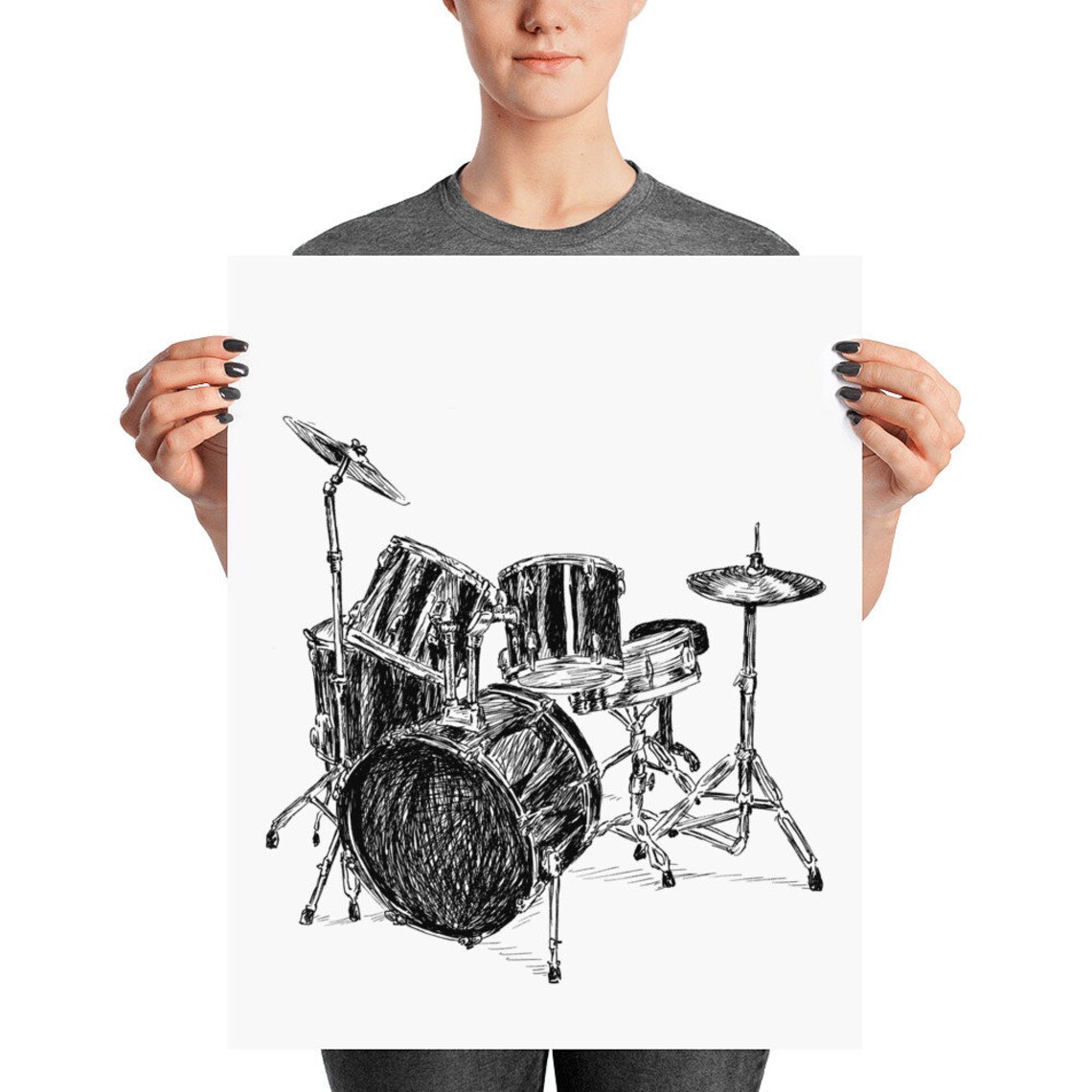 Drum Set Black And White Ink Sketch Percussion Instrument Line Art Poster - Image 2