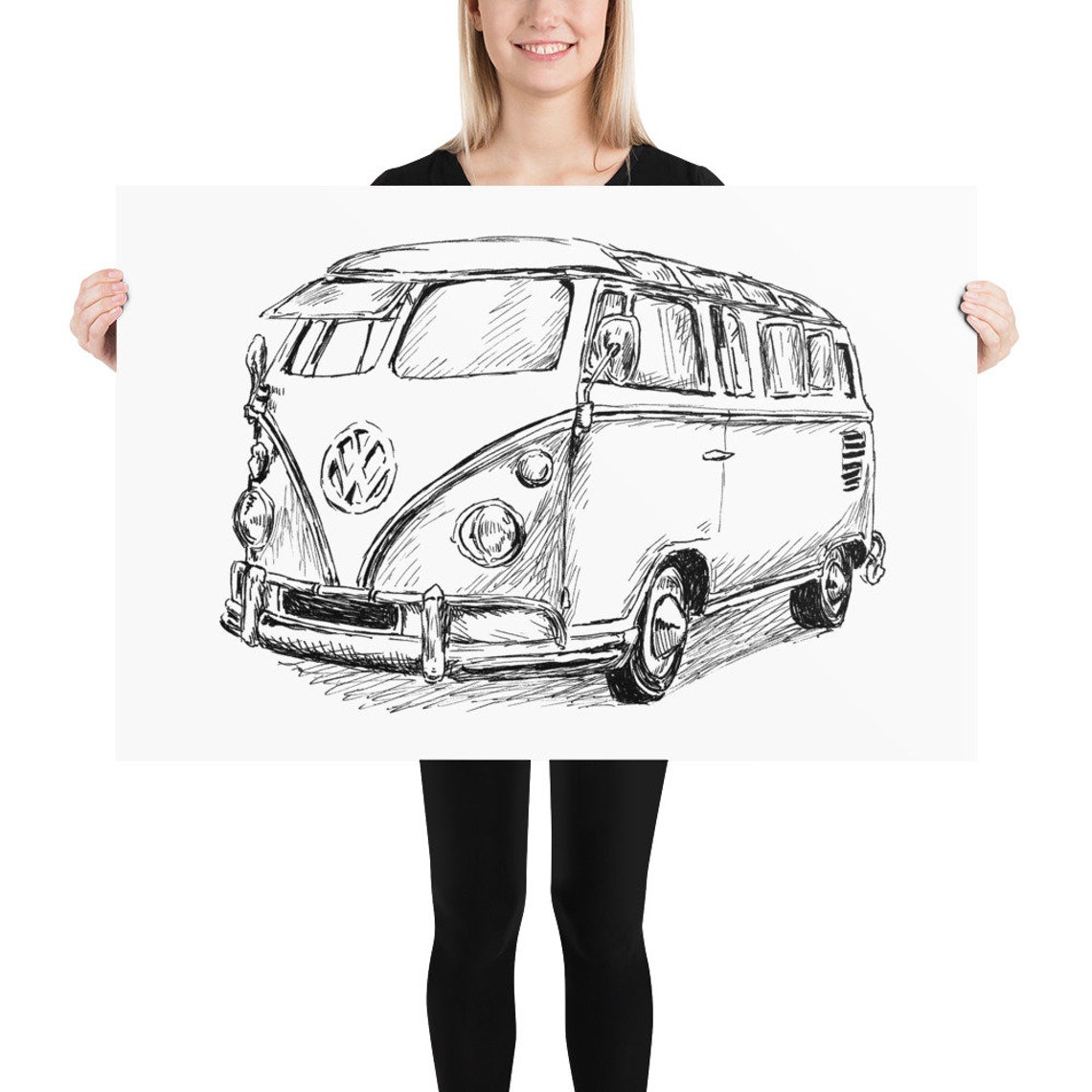 Volkswagen Van Ink Sketch Vintage VW Bus Retro Road Trip Art Poster - Image 2