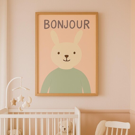 Bonjour Bunny Nursery Poster Cute French Baby Room Wall Decor