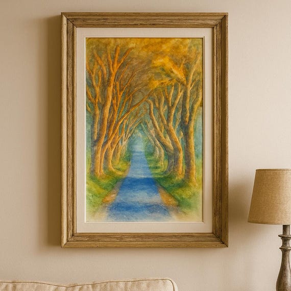 Watercolor Tree Tunnel Wall Art Print Enchanted Forest Road Landscape Poster A3 Countryside Decor