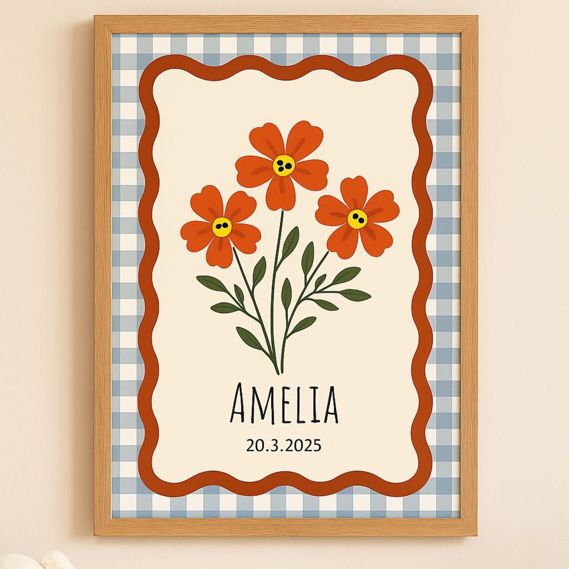 Personalized Baby Name Floral Nursery Orange Flowers Gingham Art Poster