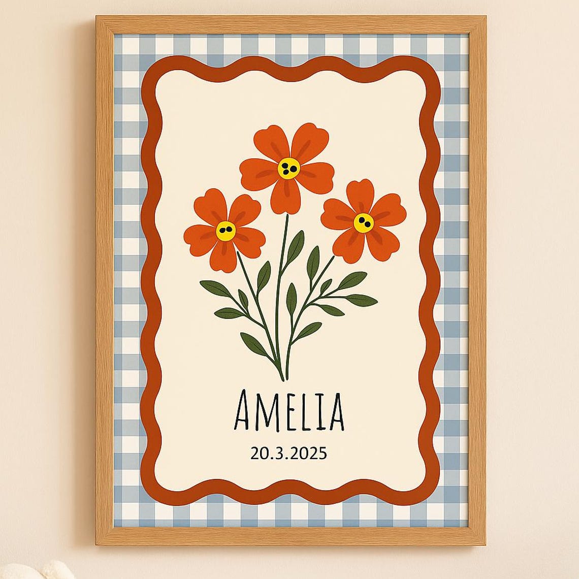 Personalized Floral Nursery Print Redorange Flowers Gingham Border