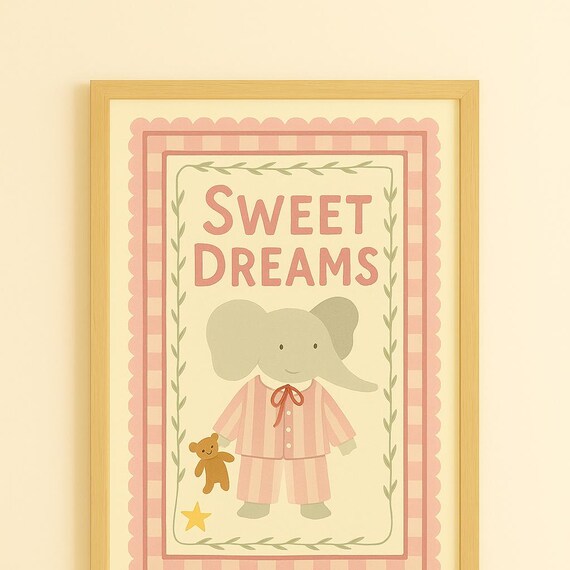 Sweet Dreams Baby Elephant Pink Pajamas Teddy Bear Nursery Poster