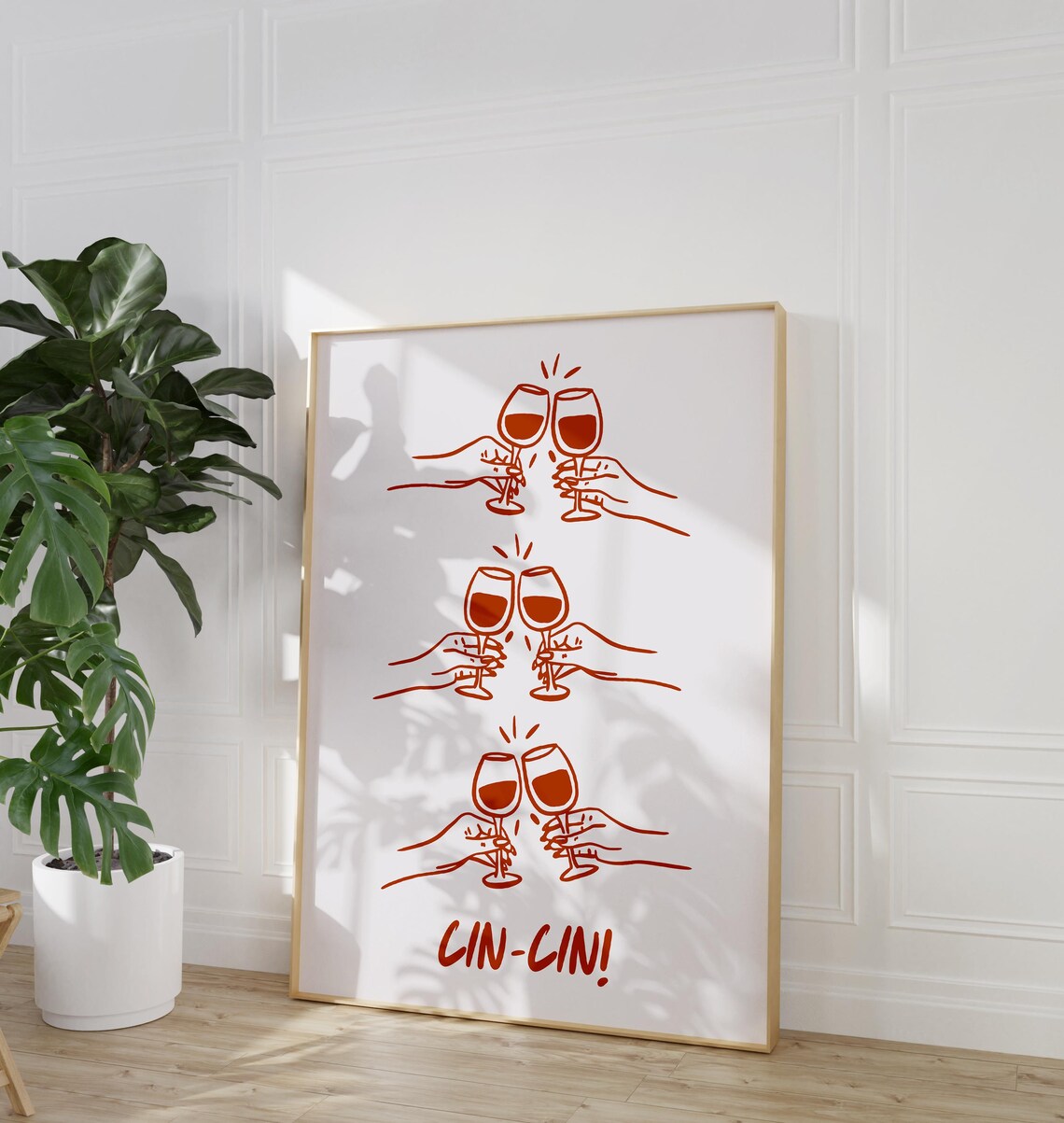 Cin Cin Wine Glasses Toast Terracotta Line Art Kitchen Bar Wall Art - Image 2