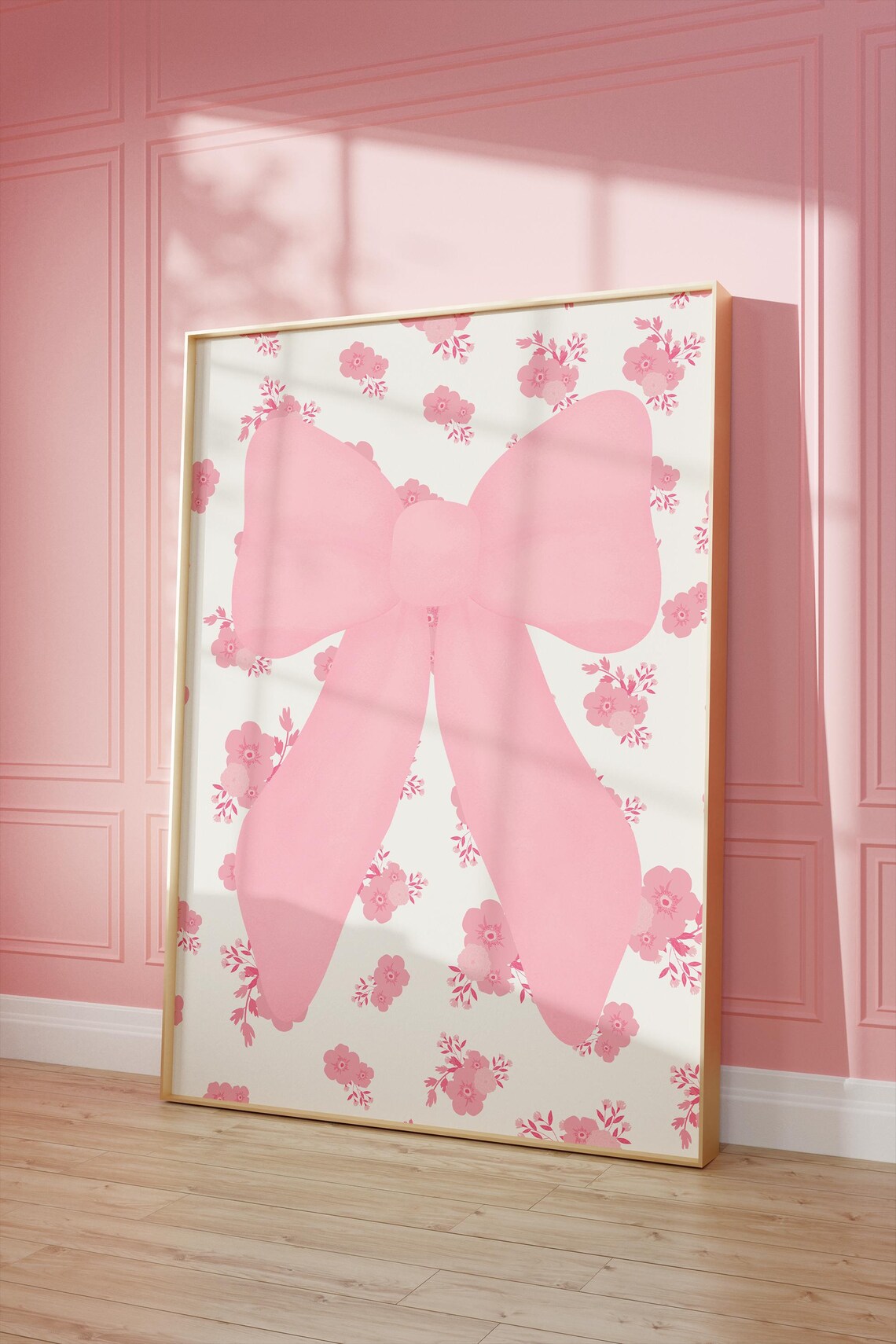 Pink Bow Coquette Wall Art Big Ribbon Floral Background Girly Print - Image 3