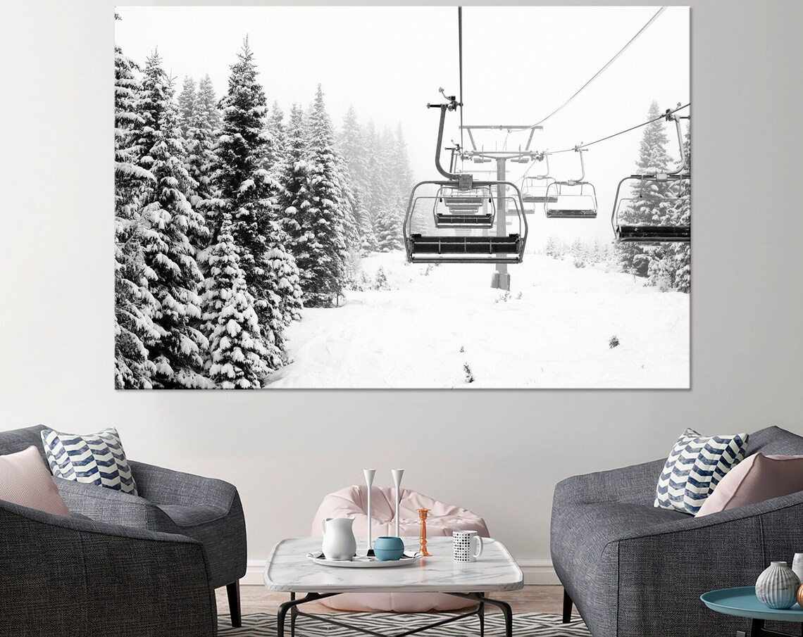 Winter Ski Lift Snow Covered Forest Black White Sports Poster