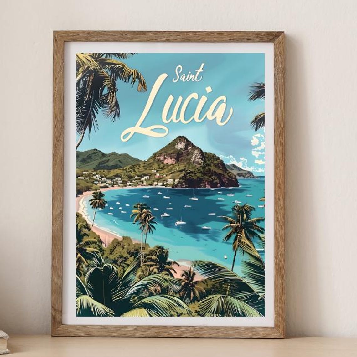 Saint Lucia Caribbean Tropical Beach Piton Bay Travel Poster