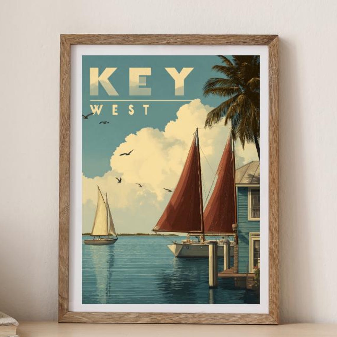 Key West Florida Sailboats Dock Vintage Harbor Travel Poster