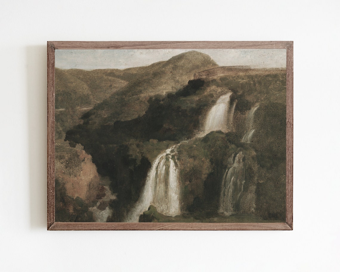 Vintage Waterfall Landscape Painting Muted Neutral Wall Art Warm Tone Art Print Pastoral Wall Art Natural Gallery Wall Art