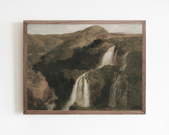 Vintage Waterfall Landscape Painting Muted Neutral Wall Art Warm Tone Art Print Pastoral Wall Art Natural Gallery Wall Art