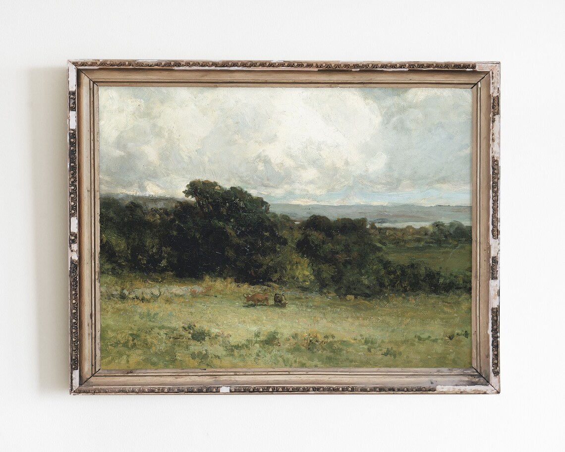 Vintage Landscape Painting, Farmhouse Wall Art