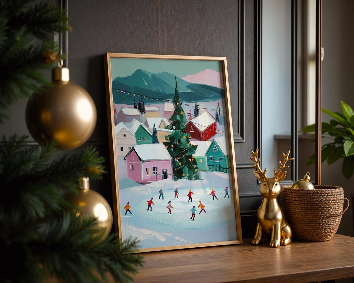 Winter Skaters Frozen Pond Village Christmas Tree Holiday Poster