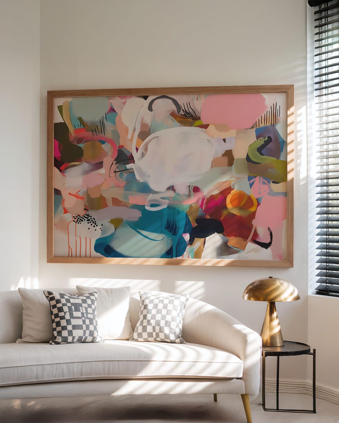 Bold Teal Pink Red Abstract Painting Large Modern Horizontal Wall Art