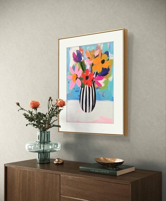 Colorful Floral Abstract Painting Striped Vase Flowers Turquoise Poster