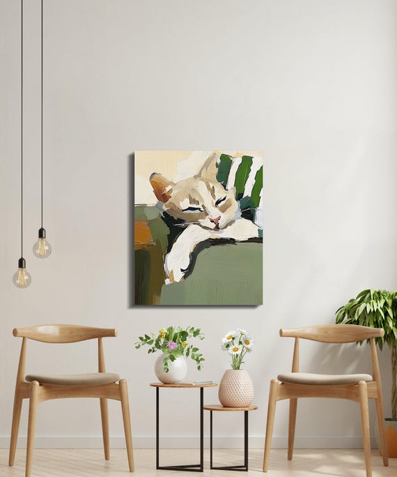 Cozy Sleeping Cat Painting Napping Kitten Green Chair Wall Art
