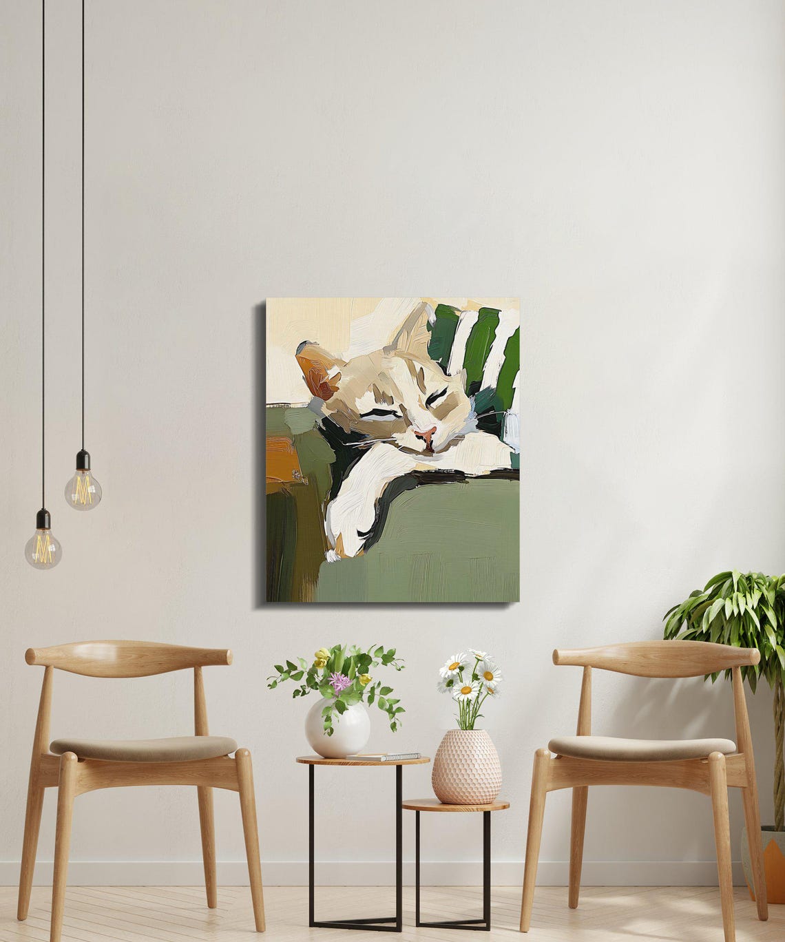 Cozy Sleeping Cat Painting Napping Kitten Green Chair Wall Art