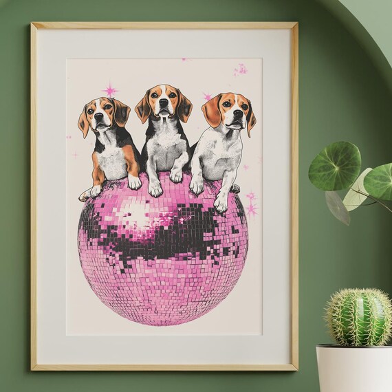 Three Beagle Puppies Pink Disco Ball Sparkle Poster Retro Dog Fun