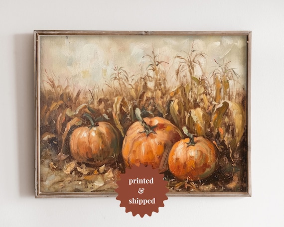 Three Pumpkins in a Cornfield Rustic Fall Harvest Scene Poster