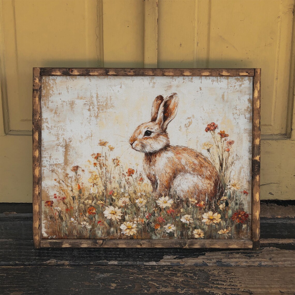 Rabbit On Flower Meadow, Vintage Cottage Decor - Image 2