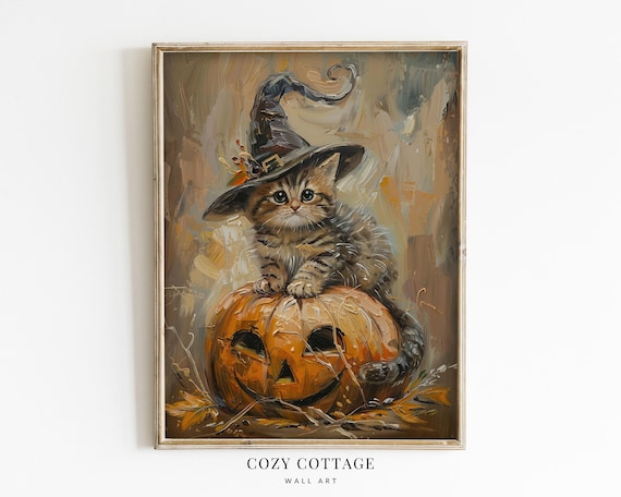 Cute Kitten Witch Hat Pumpkin Vintage Halloween Art